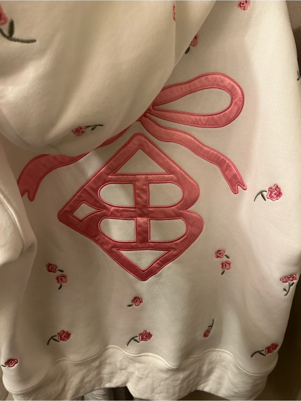 White Hoodie with Pink Satin Appliqué and Rose Embroidery